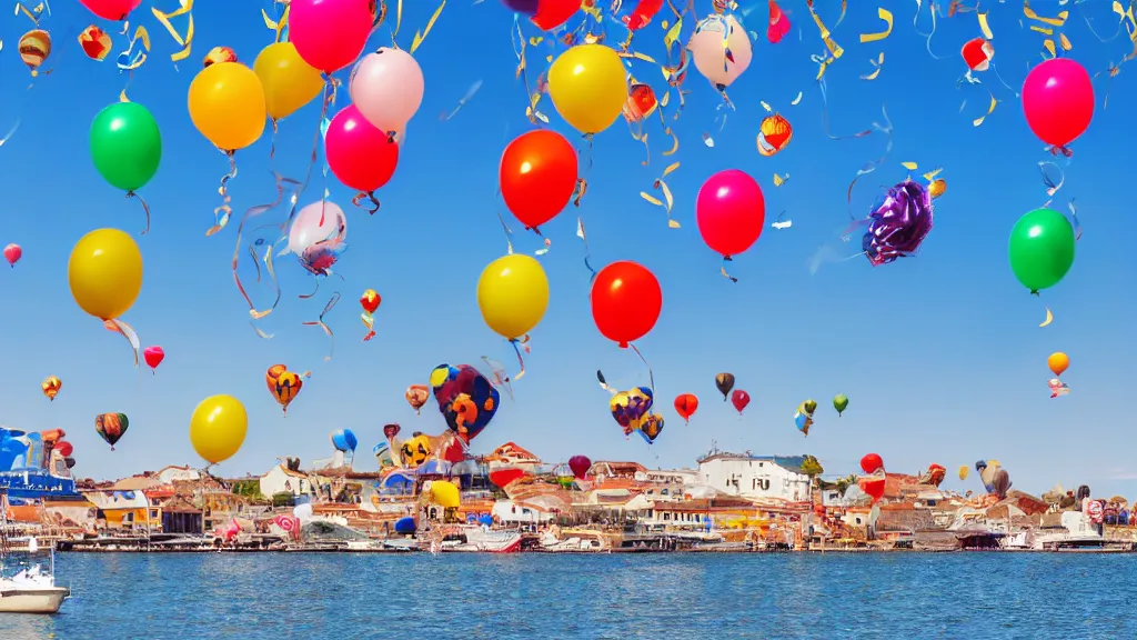 Image similar to photo of a lot of birthday balloons floating above a beautiful maritime port. sharp focus, highly - detailed, award - winning