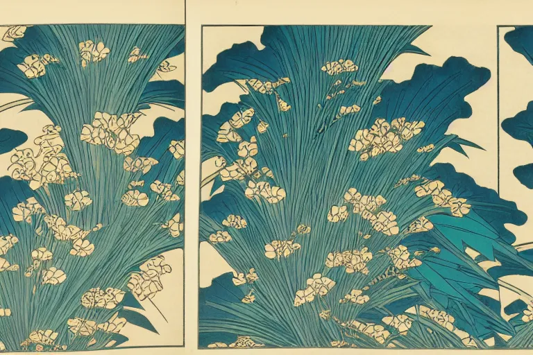 Image similar to a beautiful and hyperdetailed ukiyo - e drawing of tangled irises'leaves and flowers by katsushika hokusai, in style by utagawa kuniyoshi and utagawa hiroshige, japanese print art, intricate composition, elegant, complex!!, illustration, clean 4 k