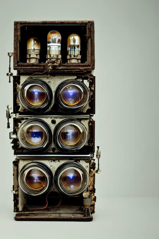 Prompt: A photo of a very old opened camera with vacuum tubes, capacitors and coils inside by Annie Lebovitz and Steve McCurry, grungy Ultra detailed, hyper realistic, 4k