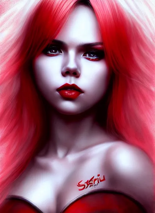 Prompt: photo of kerli koiv with red and white ombre in the style of stefan kostic, realistic, half body shot, sharp focus, 8 k high definition, insanely detailed, intricate, elegant, art by stanley lau and artgerm, foggy backgeound