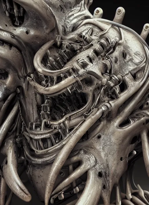 Image similar to a close up of a creepy looking biomechanical animal, gigeresque cyberpunk art by ikuo hirayama, photorealism, octane render, behance hd, polycount