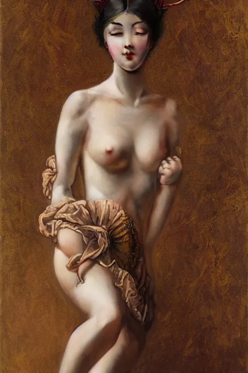 Image similar to beautiful girl posing in studio setting by frantisek kupka, intricate, miles johnston, kuroda seiki, cynical realism, ozabu, john william godward, painterly, yoshitaka amano, moebius, miles johnston, louise zhang, james jean, mark ryden