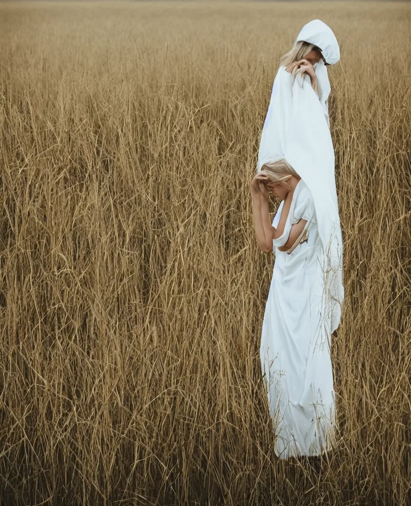 Prompt: “ a sad woman wearing a white gown standing in a field of tall grass ”