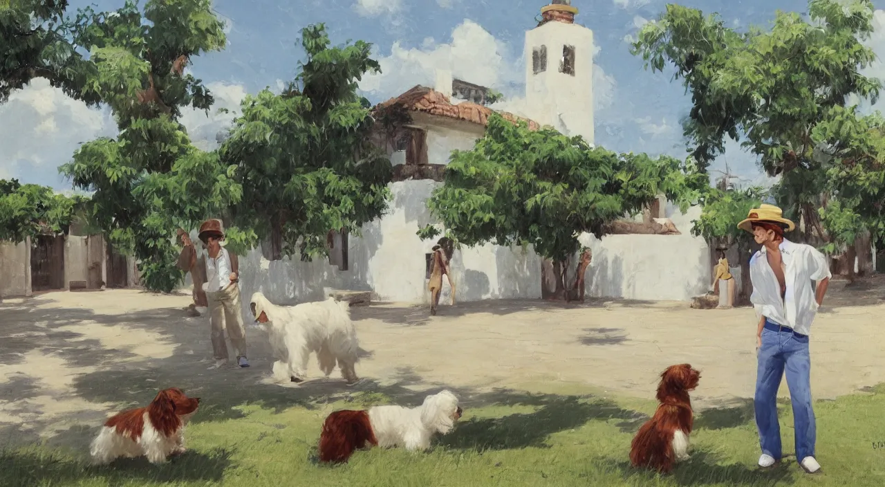 Image similar to a young man wearing a canotier cuban hat, crisp white linen shirt and slacks, leather boots, speaking to a large cream - colored havanese dog, outside a hacienda in cuba, 1 9 0 0, tartakovsky, atey ghailan, goro fujita, studio ghibli, rim light, mid morning lighting, clear focus, very coherent