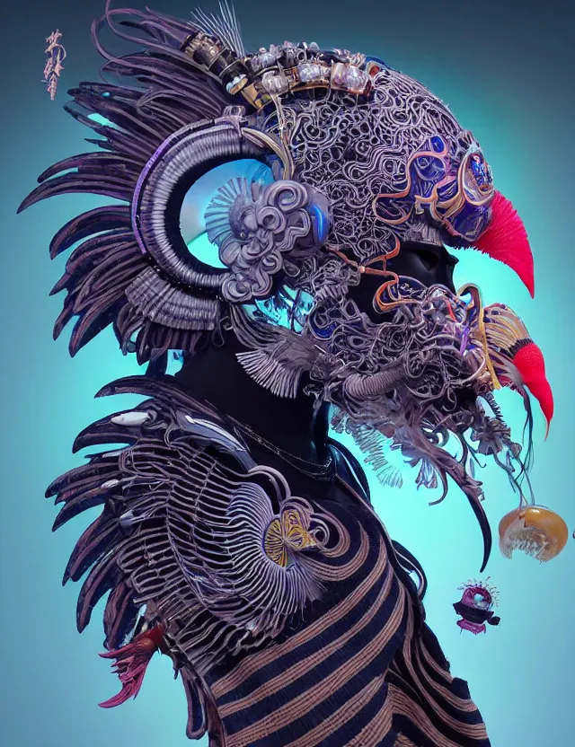 Prompt: 3 d coherent goddess close - up profile portrait punk with mohawk with ram skull. beautiful intricately detailed japanese crow kitsune mask and clasical japanese kimono. betta fish, jellyfish phoenix, bio luminescent, plasma, ice, water, wind, creature, artwork by tooth wu and wlop and beeple and greg rutkowski