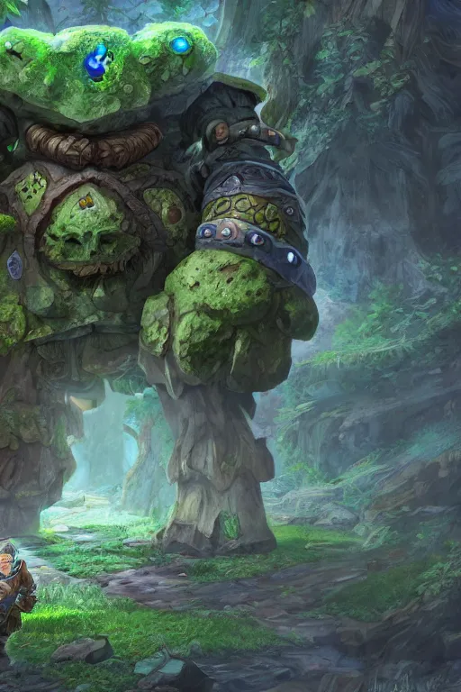 Image similar to zelda fantasy art giant golem troll wood rock greeble gemstone, global illumination ray tracing hdr fanart arstation by sung choi and eric pfeiffer and gabriel garza and casper konefal