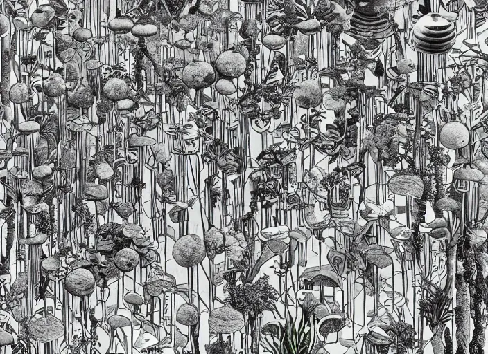 Prompt: surreal line art by ricardo bofill!!, a lot of jungle flowers and plants + poison toxic mushrooms surrounded by cables + long grass + broken droid + garden dwarf + mystic fog, 5 0's vintage sci - fi style, rule of third!!!!, line art, 8 k, super detailed, top view