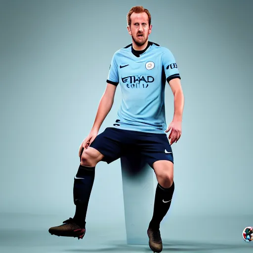 Image similar to a photograph of Harry Kane wearing a Manchester City jersey, black background, studio lighting