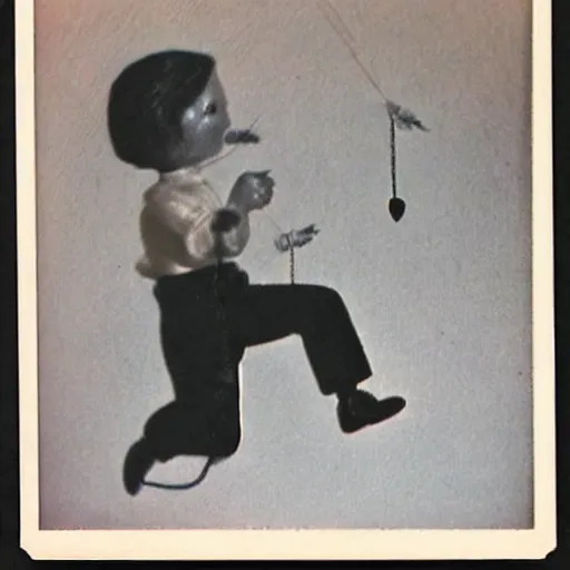 Image similar to 1 9 5 0 s, evil children toys on strings, coming to life, doll phobia, horror, jump scare, pov, polaroid,