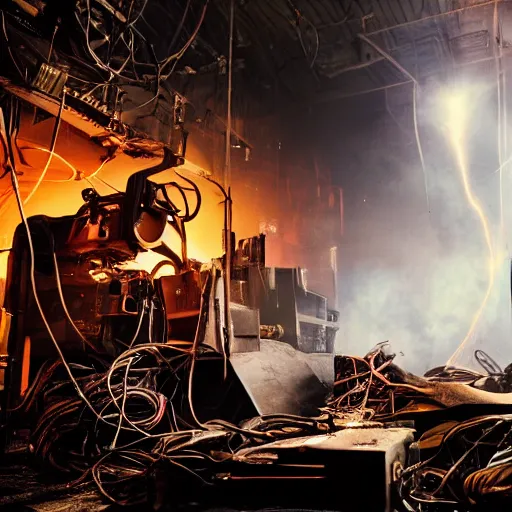 Image similar to oversized mokey wrench, tangles of metallic cables, dark messy smoke - filled cluttered workshop, dark, dramatic lighting, orange tint, sparks, plasma charges, cinematic, highly detailed, sci - fi, futuristic, movie still