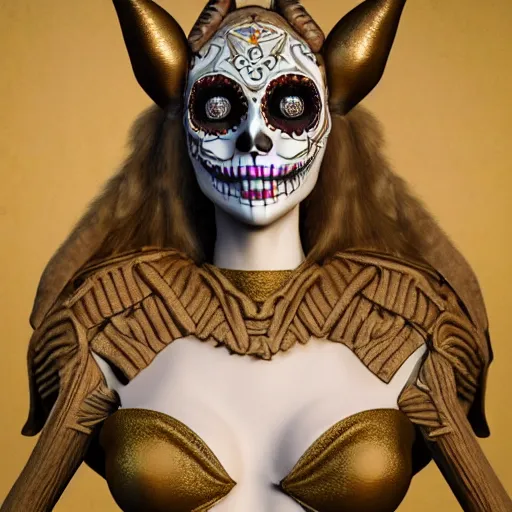 Image similar to champagne blonde female changeling mythical satyr, humanoid with goat legs and horns, symmetry intricate, dia de los muertos, aztec ultra detailed feathered dress, gold - bodied playing guitar, concept art, photorealism, ultra realistic, 8 k resolution, artstation, 3 5 mm,