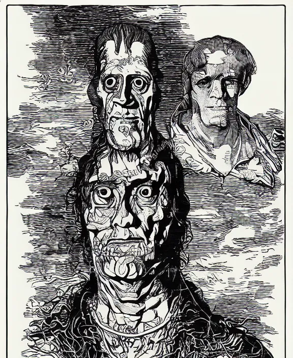 Image similar to frankenstein, art by james o barr and albrecht durer, woodblock print, engraved, black and white, vector, vector art