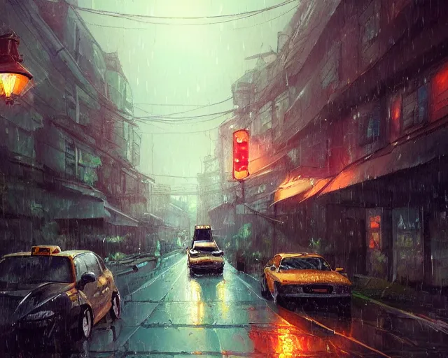 Prompt: one single taxi cab driving down a rainy country road, gaslight, street lamps. Anime, By Makoto Shinkai, Stanley Artgerm Lau, WLOP, Rossdraws, James Jean, Andrei Riabovitchev, Marc Simonetti, krenz cushart, Sakimichan, trending on ArtStation, digital art.