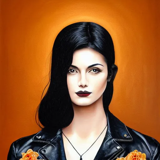 Image similar to a painting of a black haired woman in a leather jacket, an ultrafine detailed painting by rafal olbinski, behance contest winner, pop surrealism, detailed painting, very detailed, minimalist, skeuomorphic, airbrush art