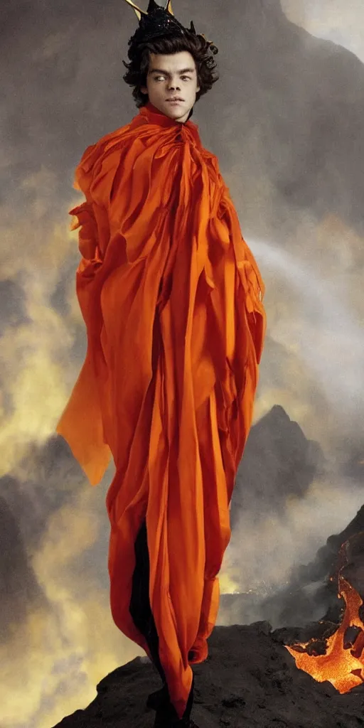 Prompt: young Harry Styles wearing a firey red and orange tissue paper with a golden crown and a black prince tuxedo by Prada. bubbling pools of lava in the crater of a volcano. ethereal, fantasy, Lawrence Alma-Tadema, James Jean, oozium, peter morbacher, angelarium, alchemy, luxury, heavenly light, Soft illumination, Trending on artstation, Cinematic Lighting, very detailed, 3D, octane render, artgerm