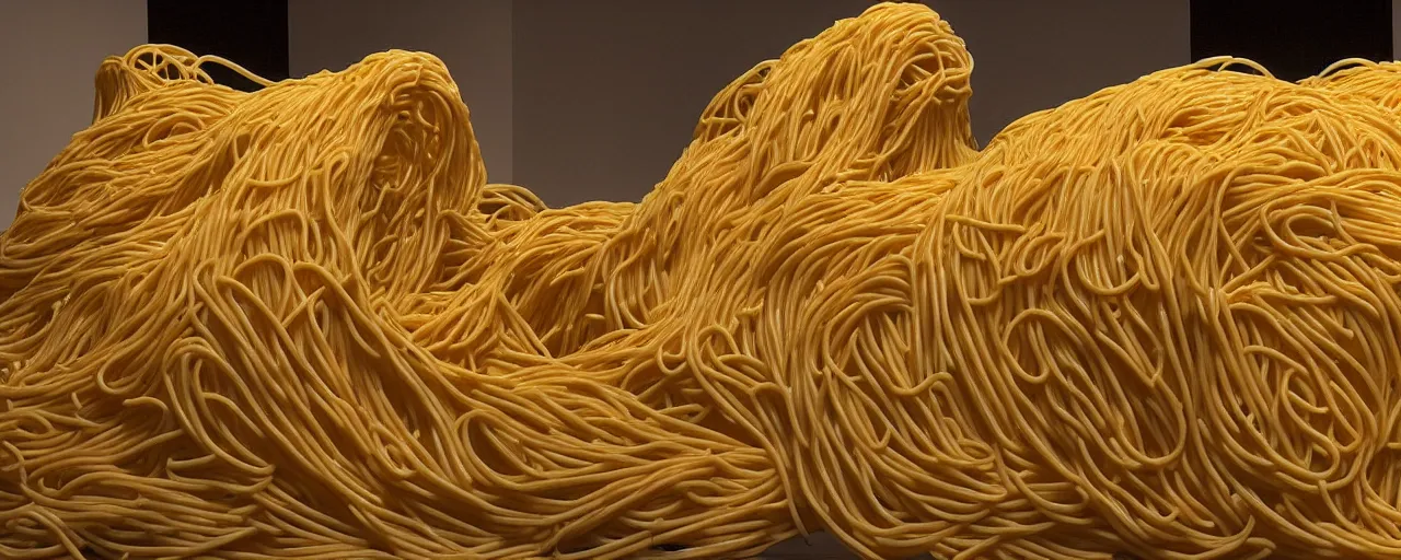 Prompt: famous sculpture made of spaghetti in ny museum of modern art, in the style of jeff koons, kodachrome film,, retro