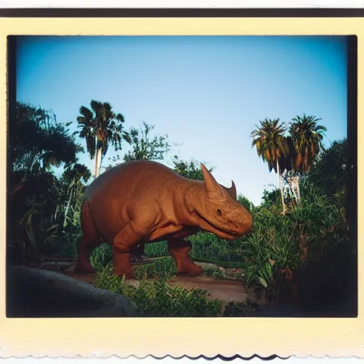 Image similar to photograph of a polaroid of a triceratops exhibit at san diego zoo, tourists in background, bokeh, high definition, slr, golden hour, realistic skin