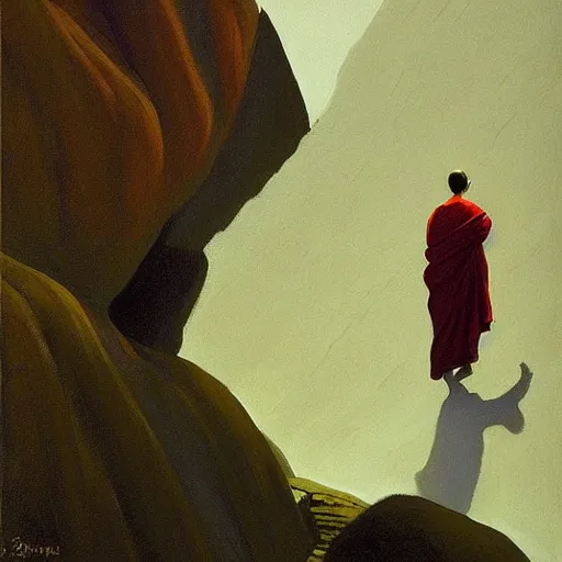 Image similar to sienna portrait of the astute monk crimson and sienna robe ascending the treacherous mountain stairway to the monastery jamie wyeth james gilleard edward hopper oil painting