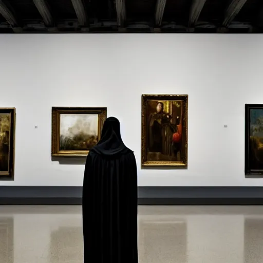 Image similar to the grim reaper standing stoic in black robe, waiting patiently, in a museum with paintings and people, perfect composition, by edmond leighton, simon stalenhag