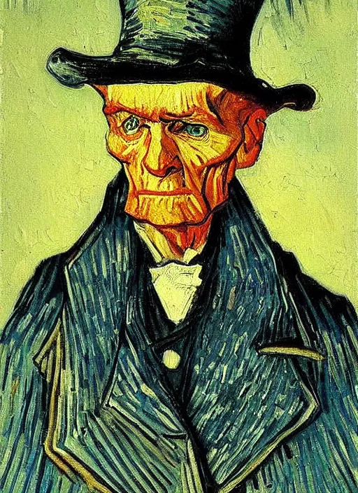 Image similar to lifelike oil painting portrait of ebenezer scrooge by van gogh