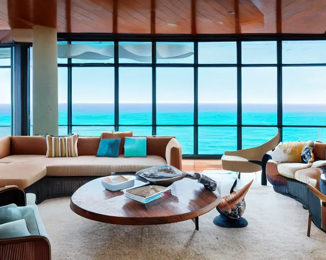 Image similar to A modern living room in a ocean hues style next to a big terrace overlooking the ocean, sea shells on top of a luxurious wooden coffee table in the center, inspired by the ocean, calm, relaxed style, harmony, wide angle shot, 8k resolution, ultra detailed