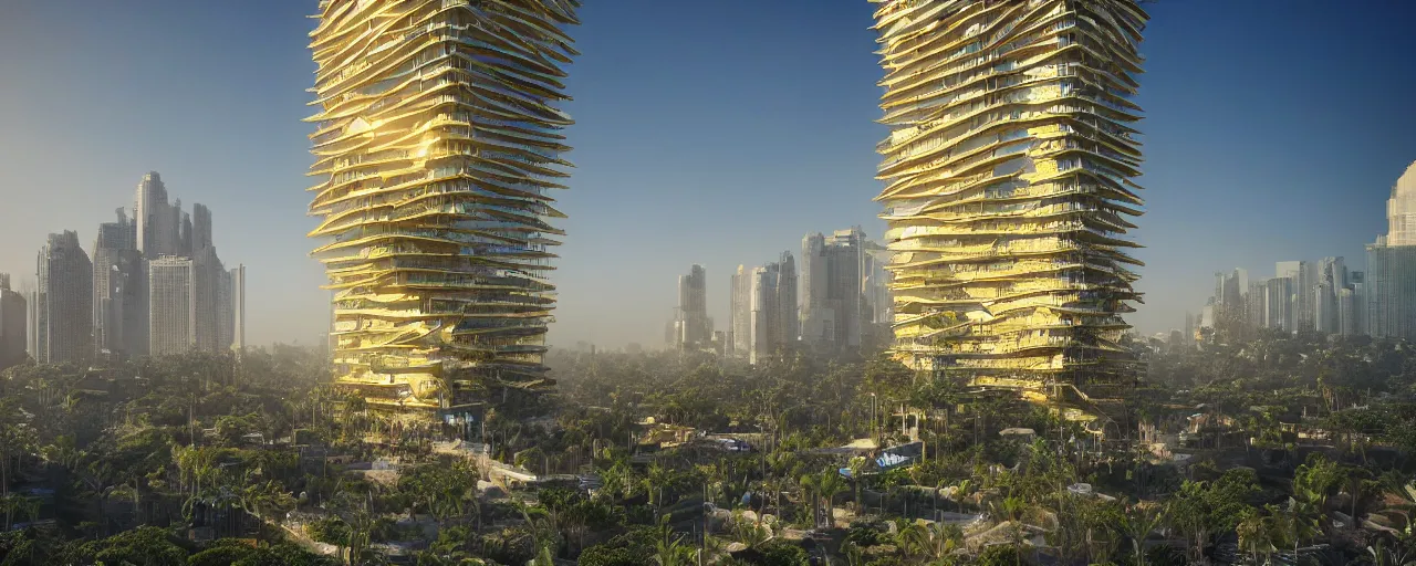 Image similar to contemporary golden babylon tower, sacred ancient architecture, hanging gardens, cascading highrise, arid mountains with lush palm forest, sunlight, post - production, octane, cgi, sfx