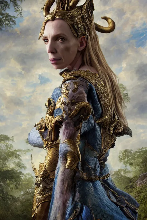 Image similar to A fantasy book style portrait painting of a hybrid, Toni Collette, Anya_Taylor-Joy, Cory Chase, as a Mystical Valkyrie, Anubis-Reptilian, Atlantean Warrior, François Boucher, Oil Painting, unreal 5, DAZ, hyperrealistic, octane render, Regal, Refined, Detailed Digital Art, RPG portrait, William-Adolphe Bouguereau, Michael Cheval, Walt Disney (1937), Steampunk, Volumetric Golden dappled dynamic lighting, Highly Detailed, Cinematic Lighting, Unreal Engine, 8k, HD