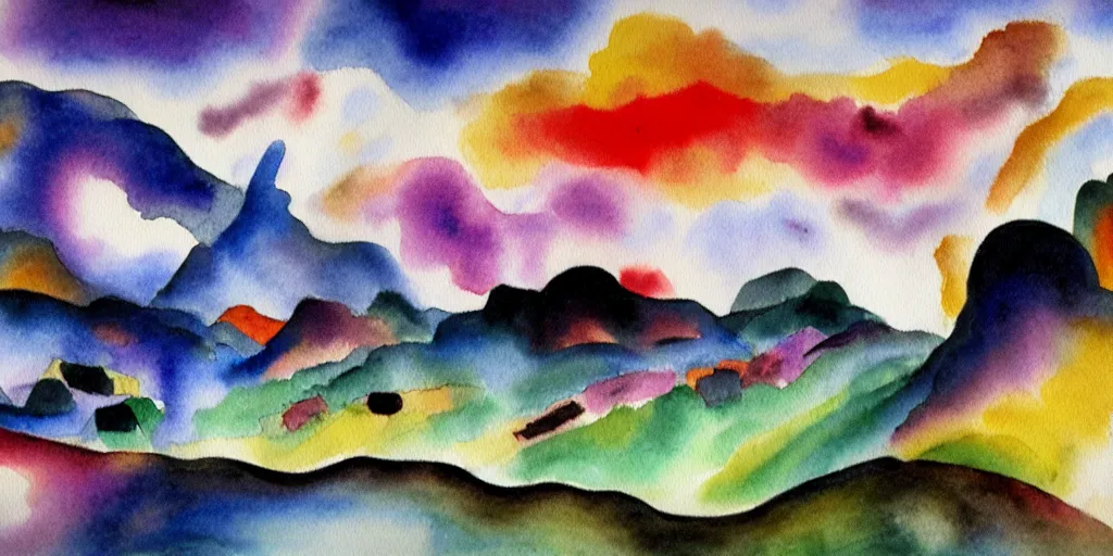 Prompt: landscape, watercolor painting by wassily kandinsky, trending on artstation