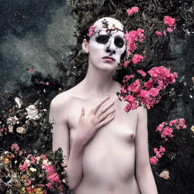 Prompt: The full body shot of delicate renaissance beautiful pale woman with many flowers and full-face black mask with glowing halo, a thick black smoke in rocky desert landscape, glowing eyes, falling star on the background, burning earth by Christopher Doyle, Gaspar Noe, Tarkovsky, Alejandro Jodorowsky, anamorphic lens, volumetric lighting, global illumination, physically based rendering, photorealistic, top light, cinematic composition, award winning photo, 8k