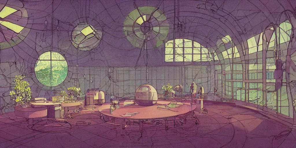 Prompt: illustrated 90s science lab interior with organic circular windows, natural starlight, bright colors, romantic greenery, flowers, cinematic, cyberpunk, smooth, chrome, lofi, nebula, calming, dramatic, fantasy, by Moebius, by zdzisław beksiński, fantasy LUT, studio ghibli, high contrast, epic composition, sci-fi, dreamlike, surreal, angelic, 8k, unreal engine, hyper realistic, fantasy concept art,