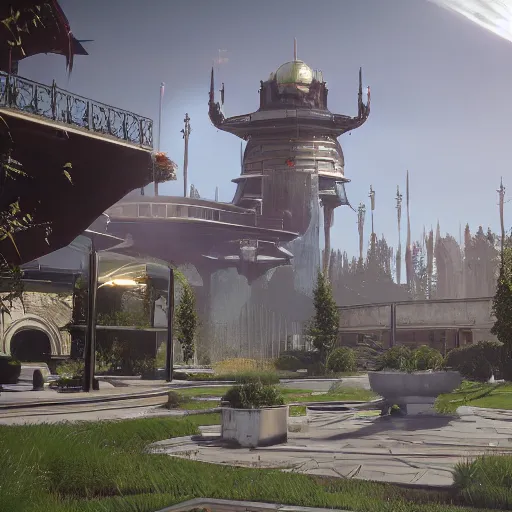 Image similar to destiny 2 the tower courtyard in real life, photo