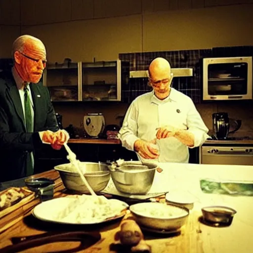 Image similar to “Very photorealistic screenshot of Joe Biden and Walter White cooking drugs in an episode of Breaking Bad, atmospheric lighting, award-winning”