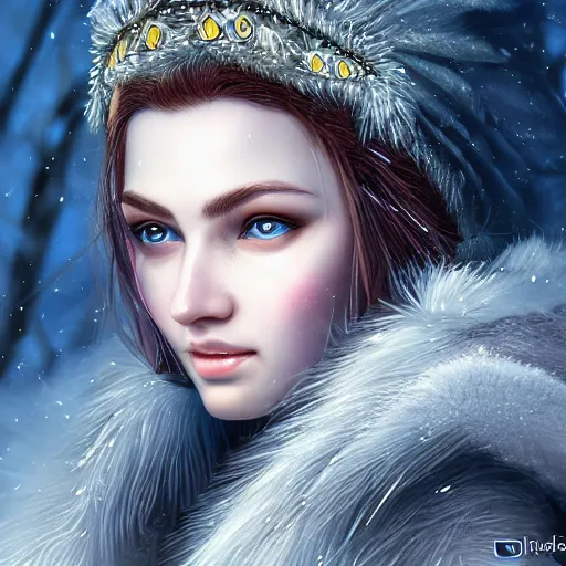 Image similar to highly detailed close up portrait of Skadi, goddess of winter, digital art, concept art, character art, studio lightning, bright colors, intricate, masterpiece, photorealistic, hiperrealistic, sharp focus, high contrast, Artstation HQ, DeviantArt trending, 4k UHD, Unreal Engine 5