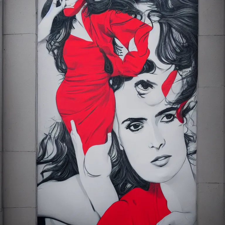 Image similar to Street-art mid-short portrait of Salma Hayek wearing red dress in style of Etam Cru, photorealism, Sony a7R