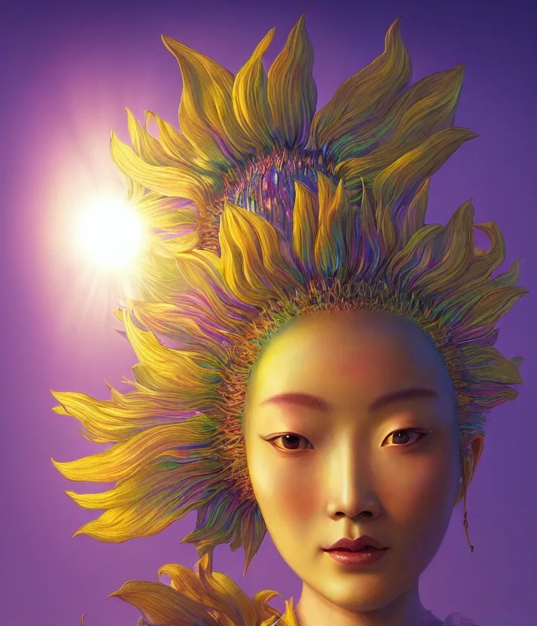 Image similar to iridescent portrait of the sunflower goddess, a Chinese deity that is guided by the sun and brings happiness and light onto the world. hard surface modelling. bio luminescent, halo around the head. neon lighting. artwork by jarold Sng by artgerm, by Eddie Mendoza, by Peter Mohrbacher by Tooth Wu, unreal engine, octane render, cinematic light, high details, iridescent colours, dichroic, macro, 4l