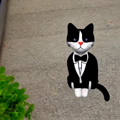 Image similar to an emoji of a tuxedo cat wearing a tuxedo,