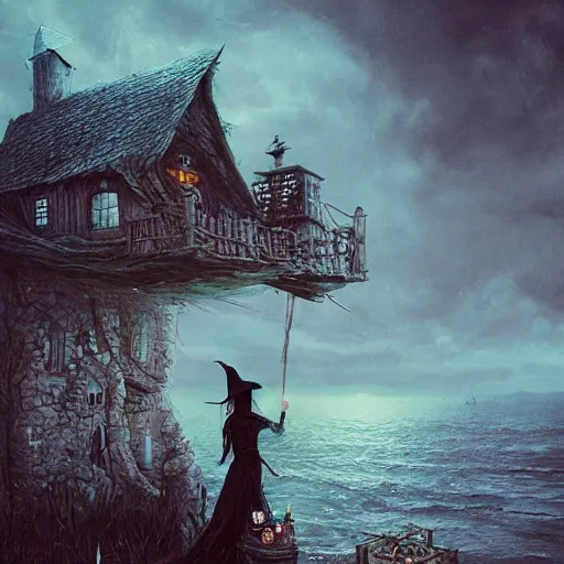 Image similar to a scary witch in front of a witch house which is made out of candy, floating on the ocean, epic scene, fantasy, cinematic, hyper - detailed, in the style of greg rutkowski