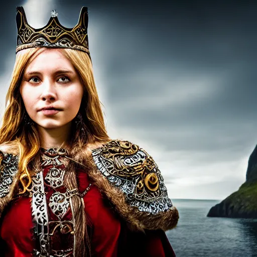 Image similar to beautiful Viking queen with ornate cloak, highly detailed, 4k, HDR, smooth, sharp focus, hyper realistic, high resolution, award-winning photo