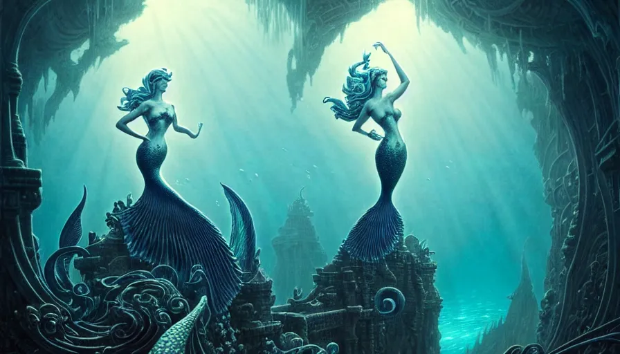 Prompt: a graceful beautiful mermaid looking at the sunken city of Atlantis deep under water, stunning undersea intricate detailed grand architecture in the style of Joe Fenton, art style by Greg Rutkowski and Mohrbacher, deep underwater scene, dark and moody, rays of sunlight, faint volumetric god rays, grim crushing atmosphere, trending on artstation, masterpiece, claustrophobic, 8k octane beautifully detailed render, post-processing, extremely hyperdetailed, intricate, epic composition, grim yet sparkling atmosphere, cinematic lighting + masterpiece, trending on artstation, very detailed