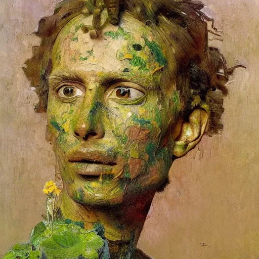 Prompt: a sculpture portrait made of grass and sand and flowers and plants, painting part by wojciech siudmak, part by ilya repin, part by max ernst, part by norman rockwell, artstation