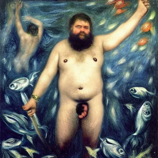 Image similar to by bill henson, by pierre - auguste renoir dark exciting. a mixed mediart of a mythological scene. large, bearded man seated on a throne, surrounded by sea creatures. he has a trident in one hand & a shield in the other. behind him is a large fish. in front of him are two smaller creatures.