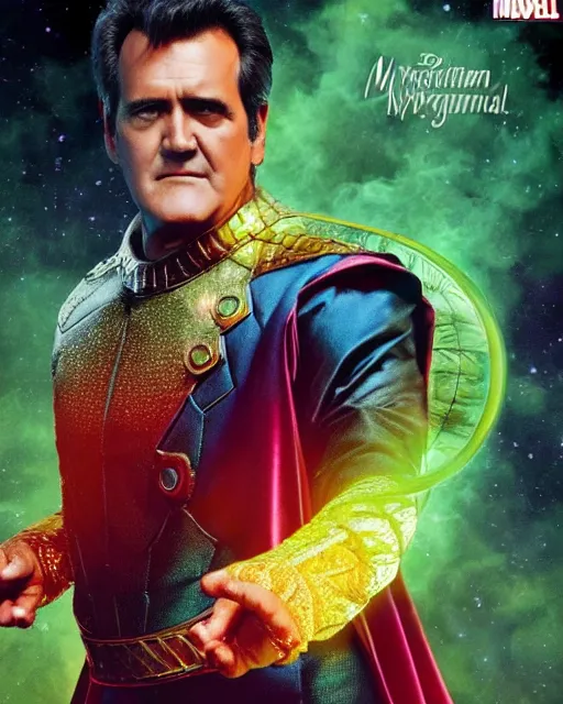 Prompt: Bruce Campbell as mysterio movie poster
