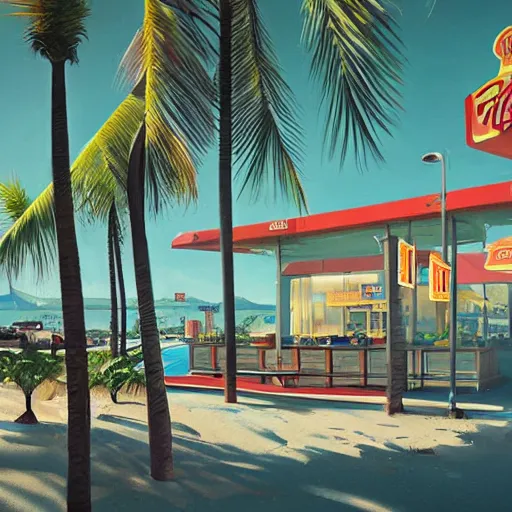 Image similar to inside beachfront fast food restaurant with palm trees by simon stalenhag