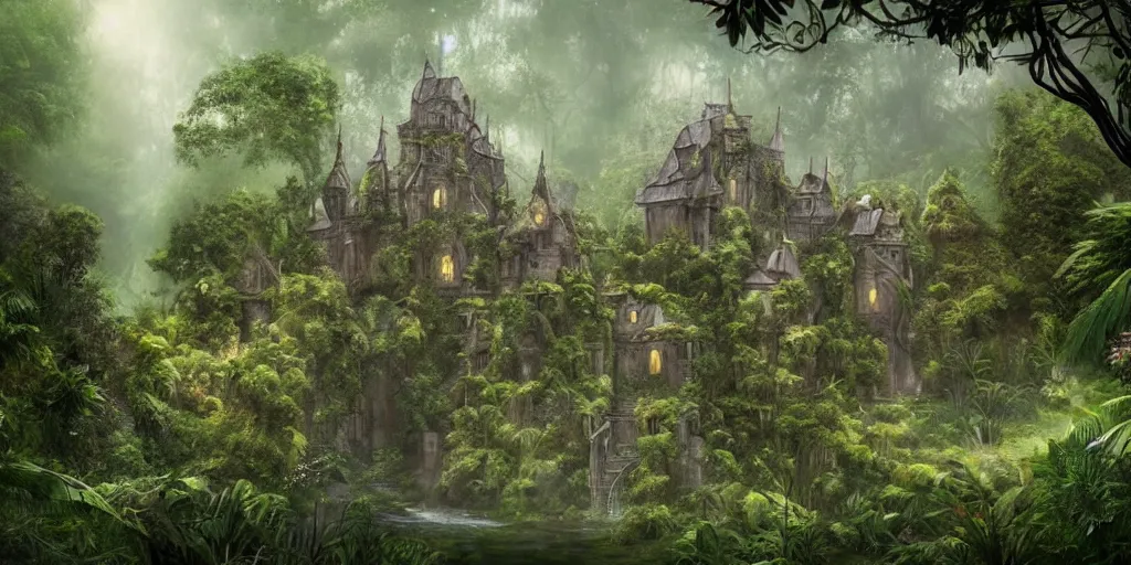 Prompt: a castle hidden in the jungle, overgrown with trees, misty, whimsical, fantasy art style, highly detailed, 4 k