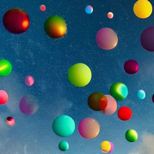 Prompt: A sky that is full of bubbles of all colors and sizes floating in the sky