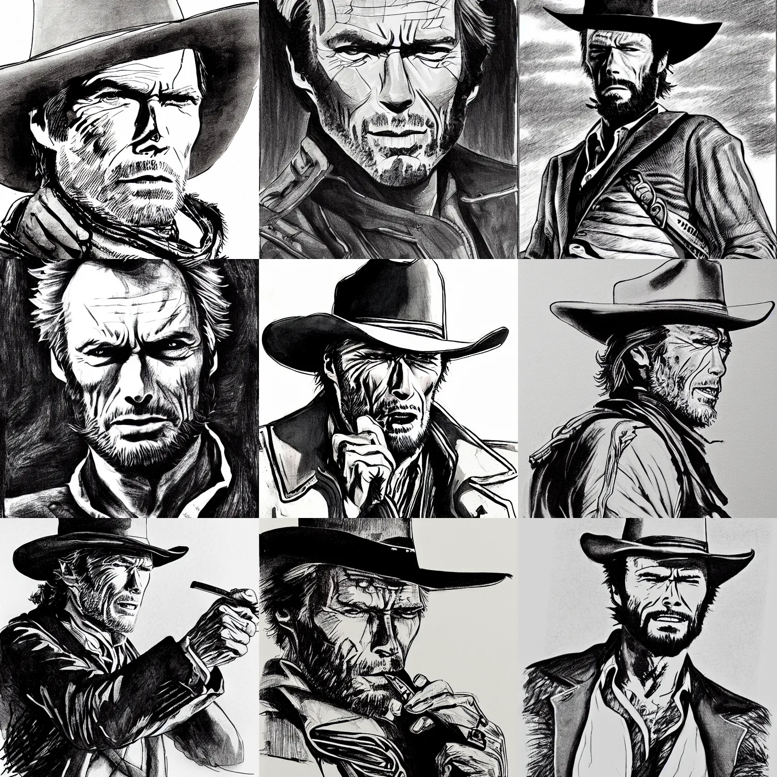Prompt: Clint Eastwood. A Fistful Of Dollars. Short Cigar burning. Western. Classic Pose. Portrait. Pen and Ink. Detailed, Monochrome
