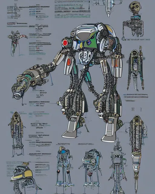 Prompt: beautiful schematic of an alien combat robot made of rocket engine parts by mamoru oshii, schematic, solarpunk, illustration, intricate, highly detailed, studio ghibli color scheme