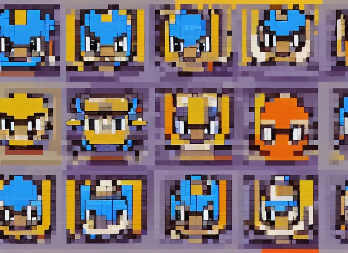 Prompt: 3 rows of 3 framed closeup face portraits of cute evil robots, in the style of mega man, as high - resolution pixel - art.
