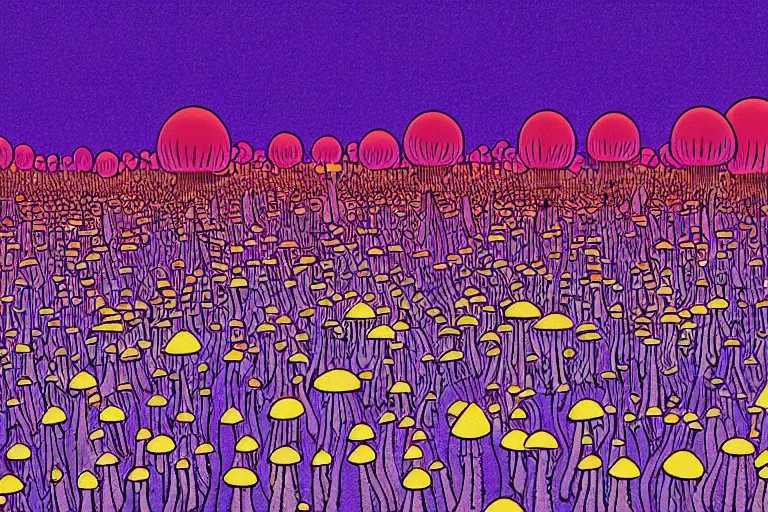 Image similar to a psychedelic illustration of a field of mushrooms, flat colors, limited palette in FANTASTIC PLANET La planète sauvage animation by René Laloux