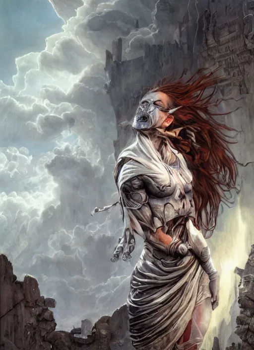 Prompt: portrait of a diabolical marble cyborg girl, ancient, wearing torn white cape, dynamic pose, thunder, glowing eyes, post apocalyptic ancient ruins, glowing veins subsurface scattering, in clouds, sunset, portrait, by gerald brom, by mikhail vrubel, by peter elson, muted colors, extreme detail, trending on artstation, 8 k